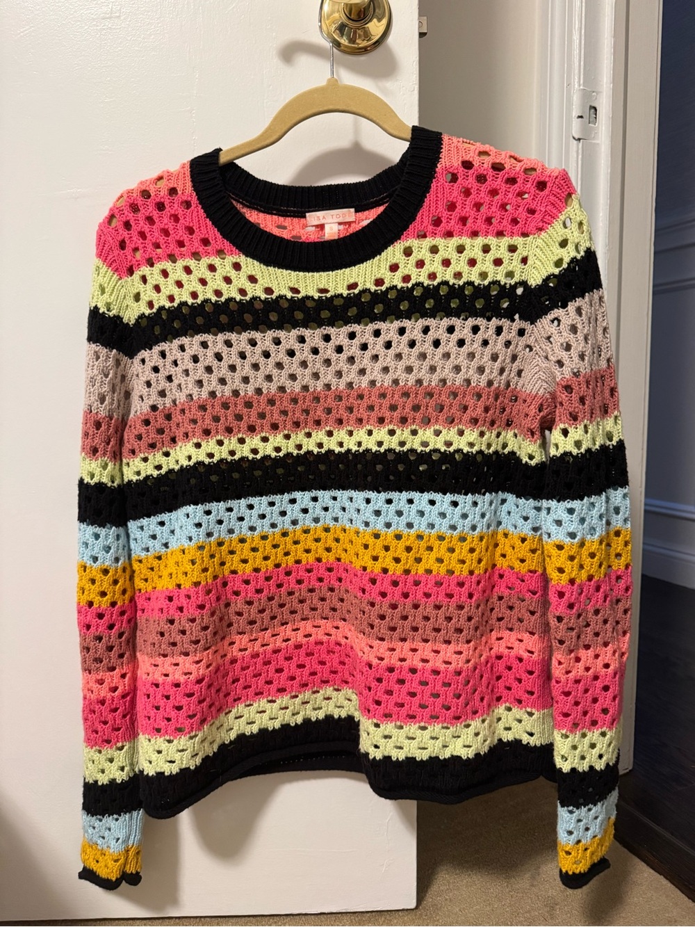 Lisa Todd Multicolor Open-Knit Crewneck Sweater - Pink/Yellow/Blue/Black/Cream